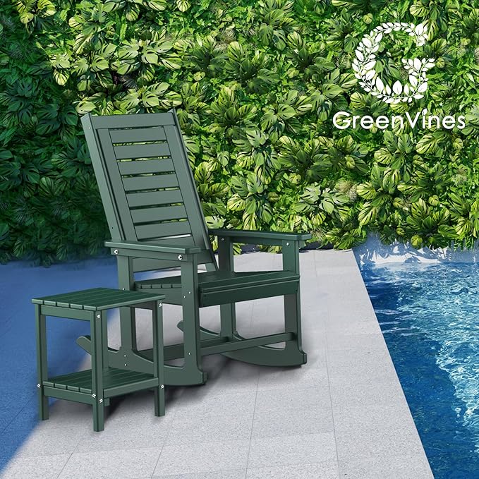 GREENVINES Outdoor Rocking Chair Set | 3-Piece | 2 Rocking Chairs with 1 Side Table | Porch Rocker | HDPE Plastic | Forest | Patio Furniture Sets | High Back | Big & Tall | Ladder Back - Image 4
