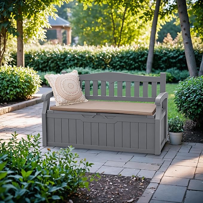 Devoko 80 Gallon Storage Bench Deck Box Lockable for Patio Furniture, Garden Decor and Outdoor Seating for Cushions, Garden Tools and Pool Supplies (Grey) - Image 2