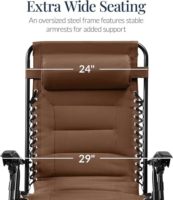 Best Choice Products Oversized Padded Zero Gravity Chair, Folding Outdoor Patio Recliner, XL Anti Gravity Lounger for Backyard w/Headrest, Cup Holder, Side Tray, Polyester Mesh - Dark Brown - Image 3