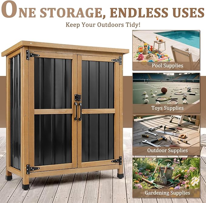 PetsCosset Weatherproof Outdoor Storage Cabinet with Lockable Doors, Wood & Metal Garden Storage Shed Patio Storage Box for Tools & Lawn Equipment, Pool Accessories - Image 4