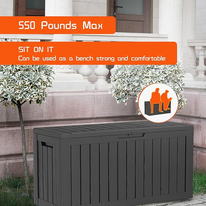 DRATO 80 Gallon Deck Box, Outdoor Storage Box for Patio Furniture, Patio Cushions, Gardening Tools, Pool Supplies 480lbs Weight Capacity,Waterproof Resin Storage Boxes（Black，80 Gallon） - Image 5