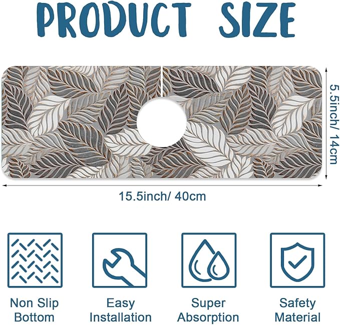 Embossed Leaf Texture Sink Splash Guard Grey Leaf Faucet Absorbing Mat Fast - Image 2