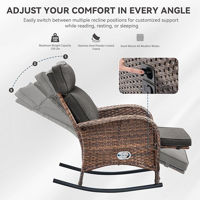 3 Pieces Zero Gravity Wicker Patio Rocking Recliner Chairs Set of 2 - Wicker Outdoor Lounge Chair with Side Table, Adjustable Backrest & Footrest, High Back Outdoor Recliner Chair for Pool Deck Gray - Image 6