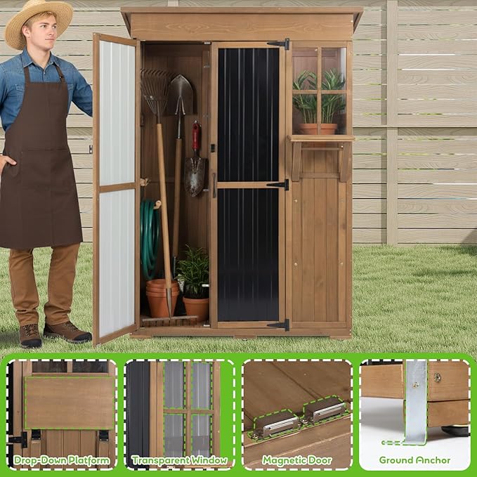 PetsCosset Large Outdoor Storage Cabinet Waterproof with Shelves, Outside Storage Shed Tall Backyard Cabinet with Fold-Out Table for Patio, Garage, Garden, Pool Accessories Storage (70.5" H x 51" L) - Image 6