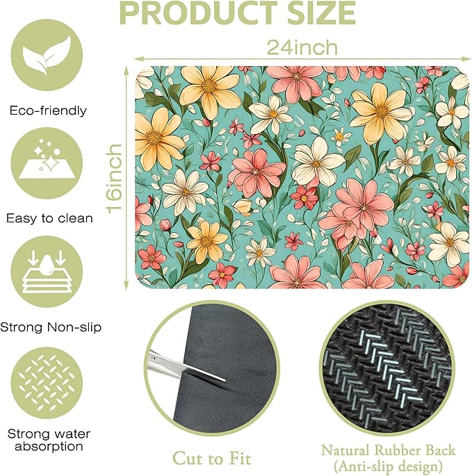 Dish Drying Mat Spring Flower Kitchen Mat 16"x24" Bsorbent Coffee Maker Mat - Image 4