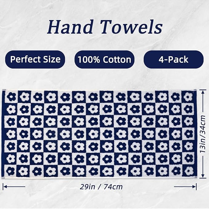 Jacquotha Cotton Hand Towels Navy Checkered Floral - Image 4