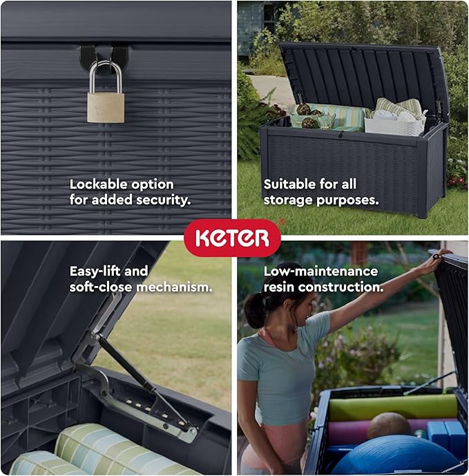 Keter Outdoor Storage Deck Box for Patio, Backyard & Garden, Borneo, 110 Gal, Grey - Lockable, Organizing, and Waterproof Plastic Container Bench - Image 4