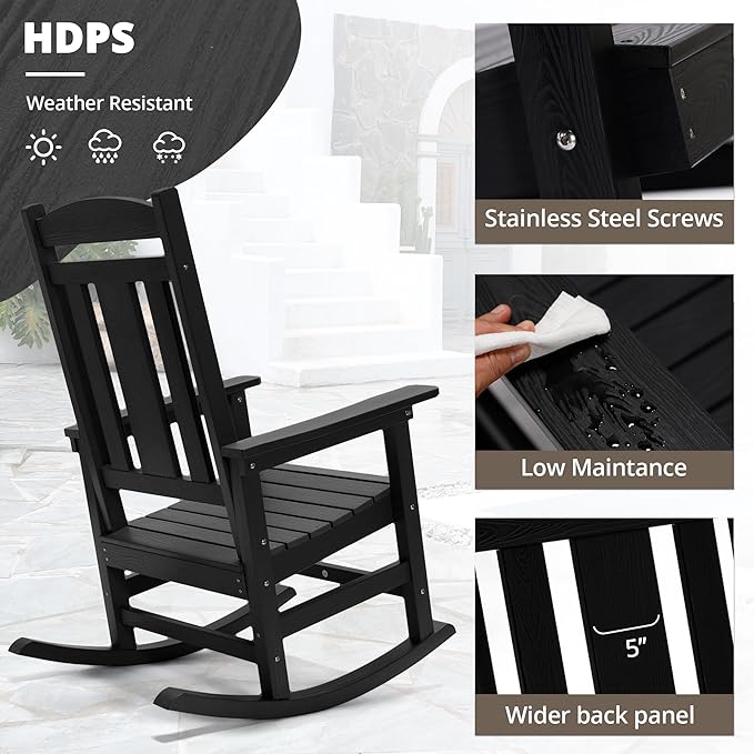 LUE BONA Outdoor Rocking Chairs Set, 3-Piece, HDPS Poly Porch Rockers with Table, Plastic Weather Resistant Rocking Chair Set for Outdoor Indoor, Garden, Backyard, 350lb, Black Chairs+Table - Image 5