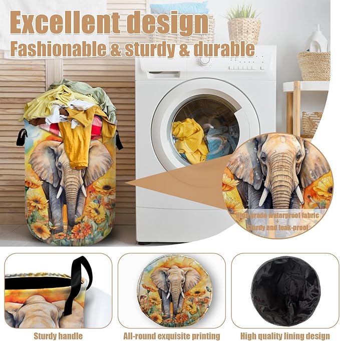 Watercolor Elephant Sunflower Laundry Basket, Foldable Wild Animals Laundry - Image 4