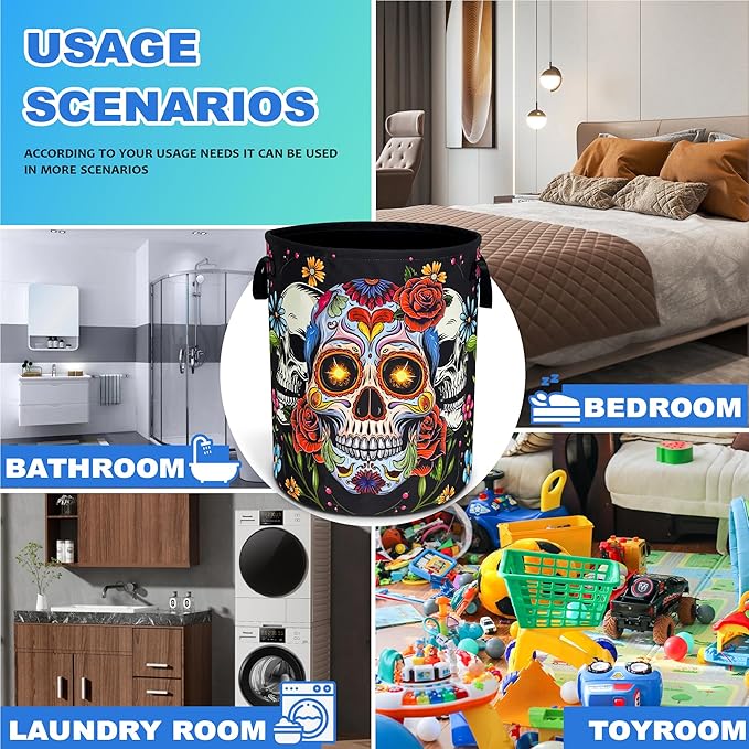 Sugar Skull Laundry Basket Skeleton Print Oxford Cloth Laundry Hamper - Image 4