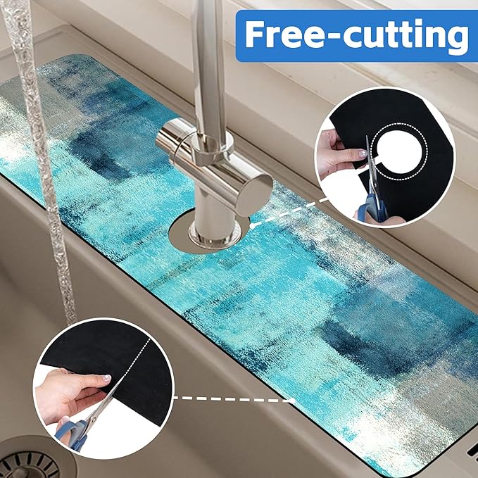Kitchen Sink Splash Guard Faucet Mat Abstract Teal and Grey Geometric Absorbent - Image 7