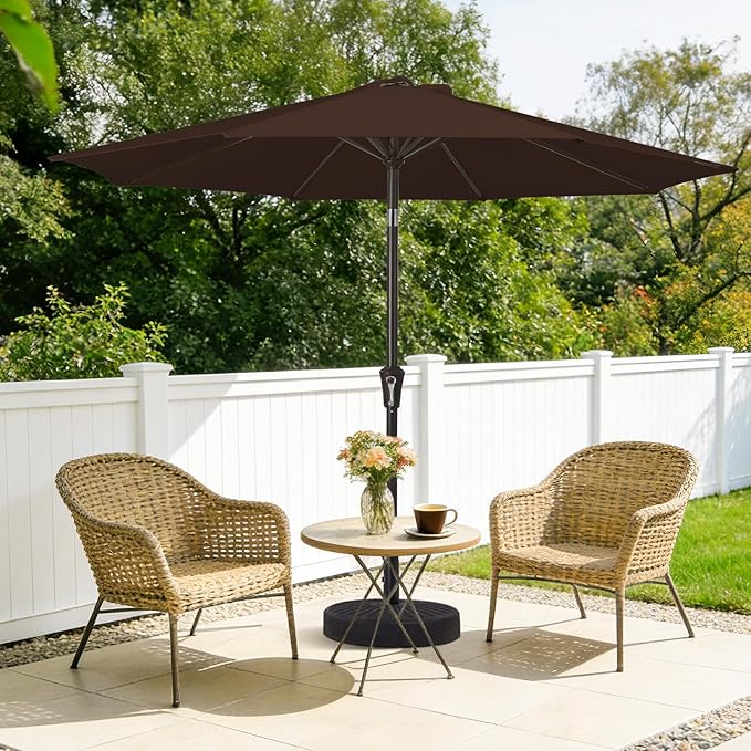 MEWAY 9ft Patio Umbrella Outdoor Table Umbrellas with Push Button Tilt and Crank, Market Umbrella 8 Sturdy Ribs for Deck, Garden, Pool and Backyard, Brown - Image 2