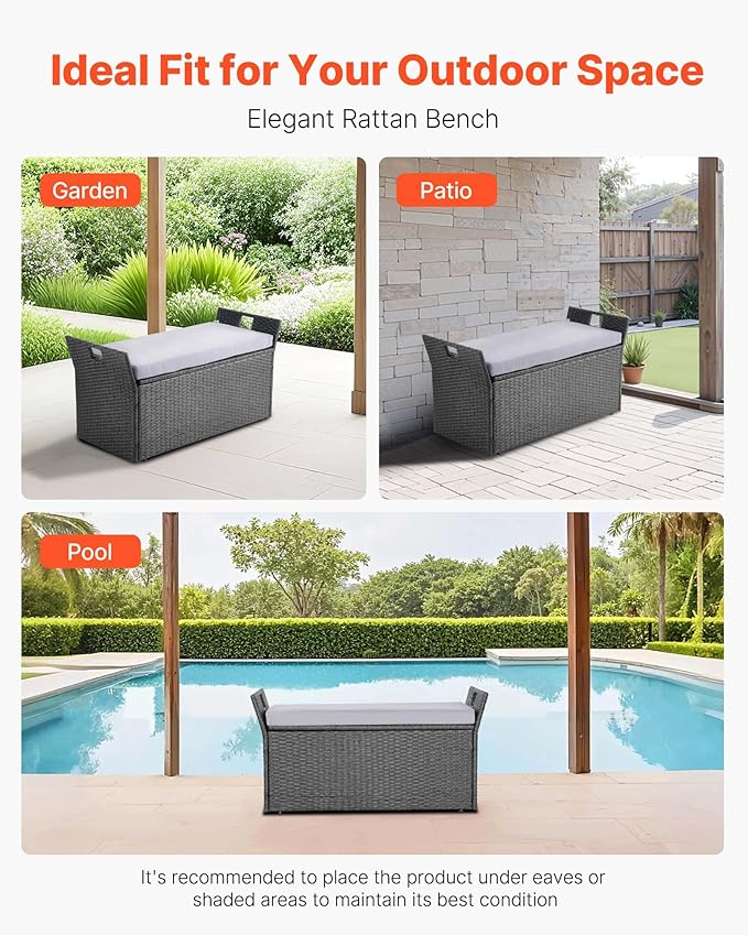 VEVOR Outdoor Storage Bench, 2-Person PE Rattan Storage Bench, 40 Gal Deck Box with Cushion & Side Handle, Supports up to 400 lbs, Weatherproof Outdoor Seating & Porch Decor for Patio Garden Balcony - Image 8