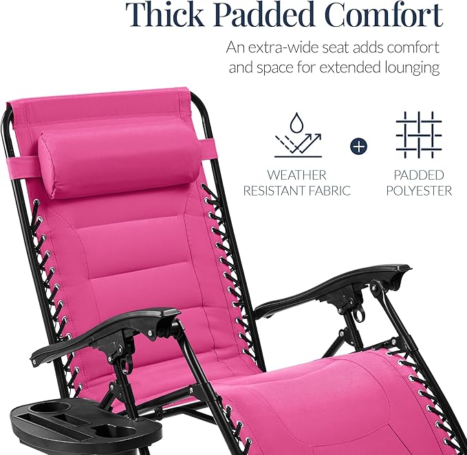 Best Choice Products Oversized Padded Zero Gravity Chair, Folding Outdoor Patio Recliner, XL Anti Gravity Lounger for Backyard w/Headrest, Cup Holder, Side Tray, Polyester Mesh - Hot Pink - Image 4