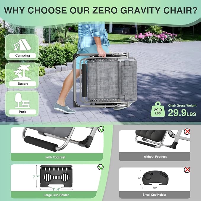 Suteck Oversized Zero Gravity Chair, 29In XL Outdoor Recliner Chair w/Removable Cushion&Headrest, Camping Lounge Chair w/Upgraded Lock&Footrest, Reclining Patio Chairs for Indoor Outdoor,500LBS - Image 5