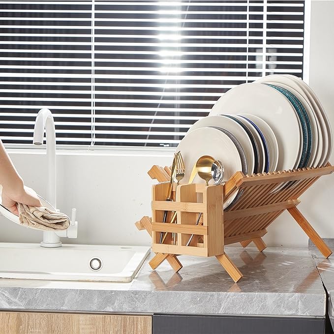 Bamboo Dish Drying Rack-2 Tier, Collapsible Small Dish Rack - Image 3
