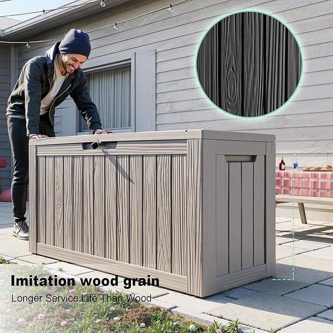 ROJIK Outdoor Storage Housing Deck Box - Waterproof Patio Furniture, Garden Tools, Cushions, Pool Accessories Storage Bench with Lockable Lid and Side Handles (Grey 88 Gal) - Image 3