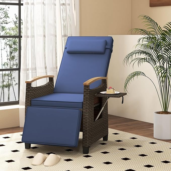 RELAX4LIFE Rattan Outdoor Recliner Chair - Wicker Chaise Lounge Chair w/Adjustable Back & Footrest, Acacia Wood Armrests, Flip Side Table, Cushion, Reclining Patio Chair for Pool Yard (1, Navy) - Image 9