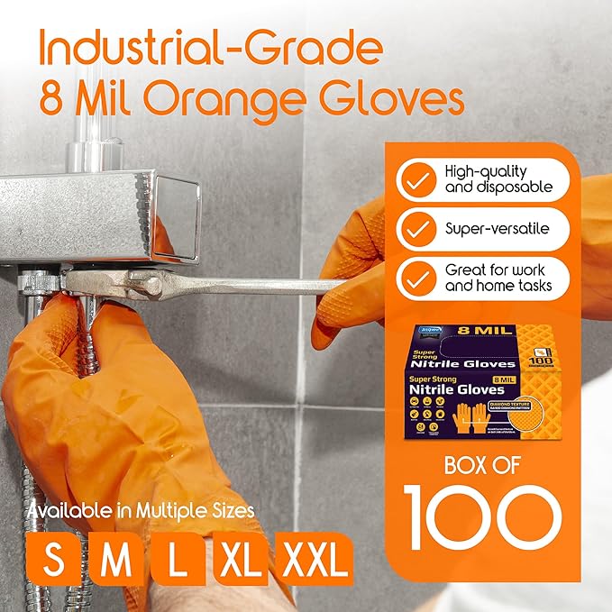 Inspire Heavy Duty Orange Nitrile Gloves | ULTRA 8 Mil Diamond Textured Grip | - Image 7
