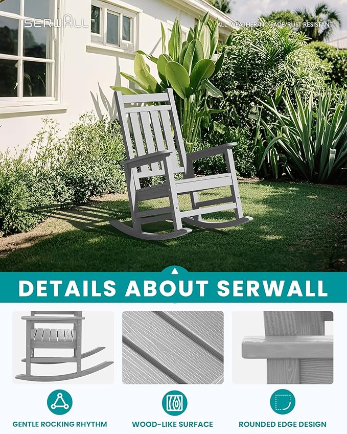 SERWALL Oversized Outdoor Rocking Chair Set of 2, HDPE Rocker for Adults, Patio Rocking Chairs for Porch, Sliver Gray - Image 4