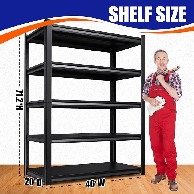 71" H-46 W Garage Shelving Heavy Duty Storage Shelves, Metal Adjustable Shelving Unit, Utility Garage Organizer Shelf for Basement, Pantry, Kitchen, Warehouse, 20" D x 46" W x 71.2" H, Black - Image 3
