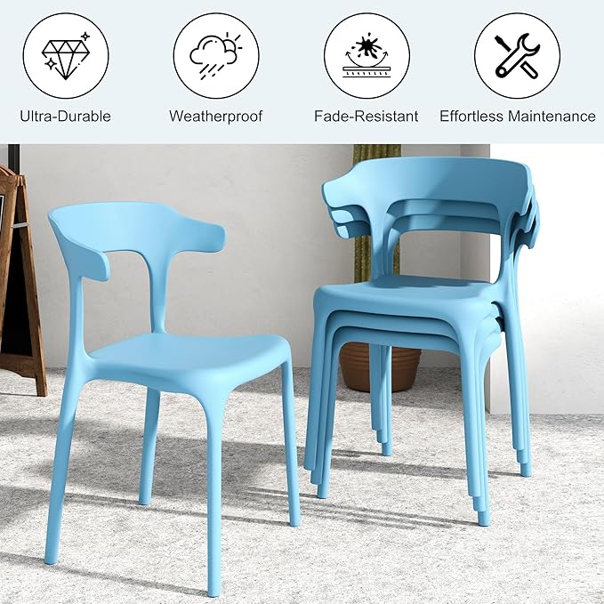 VECELO 4 Pack Plastic Stacking Chairs, Stackable Dining Chairs for Kitchen Restaurant Patio, Portable Indoor Outdoor Use, No Assembly Required, Blue - Image 5