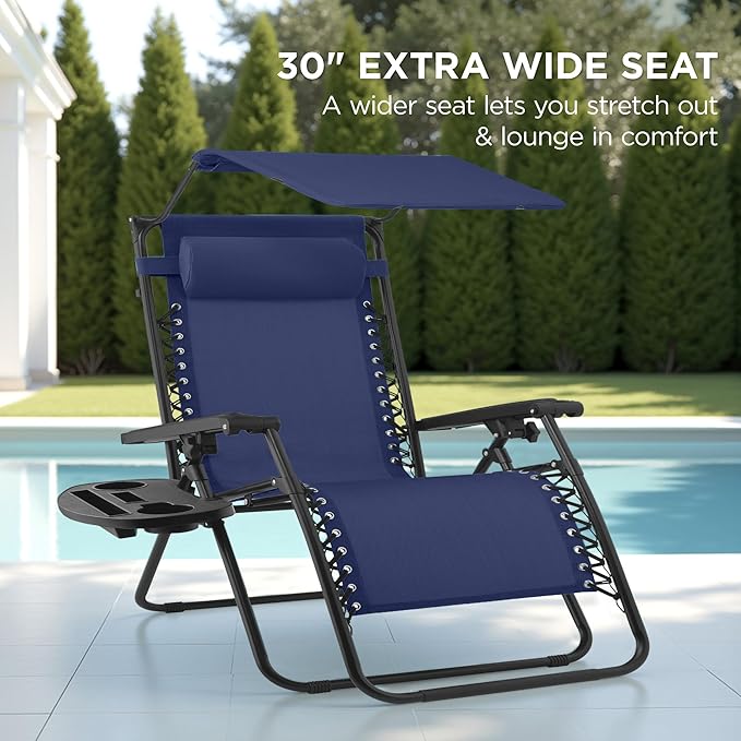 Best Choice Products 30” Wide Folding Zero Gravity Outdoor Recliner Patio Lounge Chair w/Adjustable Canopy Shade, Headrest, Side Accessory Tray - Navy Blue - Image 3
