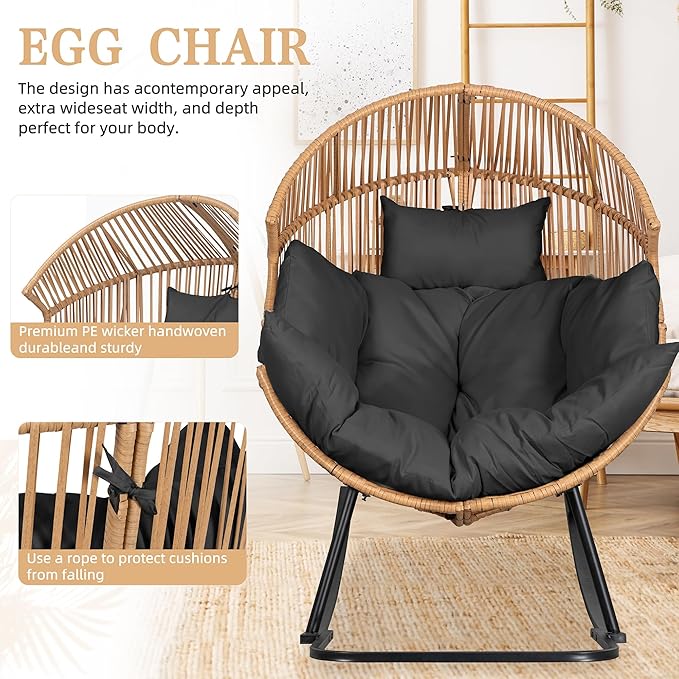 Vongrasig Wicker Rocking Egg Chair PE Rattan with Cushion, Oversized Patio Lounge Rocker Chair for Outdoor, Indoor, Balcony, Backyard, Garden, Black - Image 5
