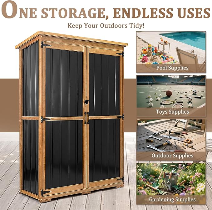 PetsCosset 46" L Large Outdoor Storage Cabinet with Shelves, Wood & Metal Storage Shed Weather-Resistant, Outside Storage Cabinet for Garage Patio Backyard Garden with Waterproof Roof - Image 6