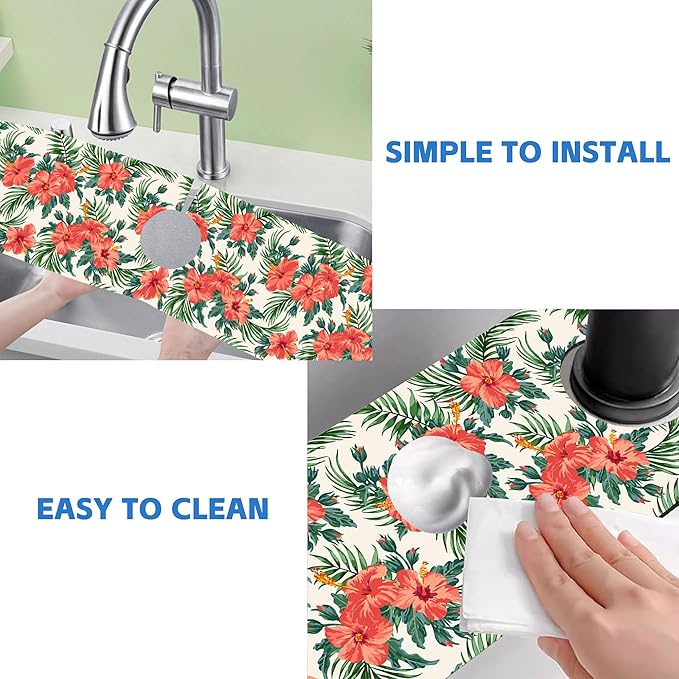 Tropical Leaves and Red Floral Kitchen Sink Splash Guard Mat Absorbent Fast - Image 5
