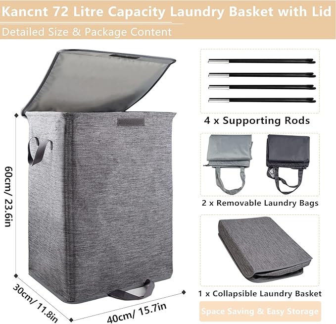 Foldable Laundry Hamper with 2 Removable Drawstring Bags, Portable Laundry - Image 2