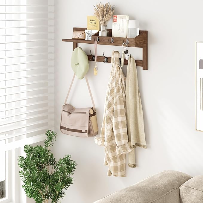 AMBIRD Wall Hooks with Shelf, 26.57 Inch Entryway Wood Coat Hooks - Image 2