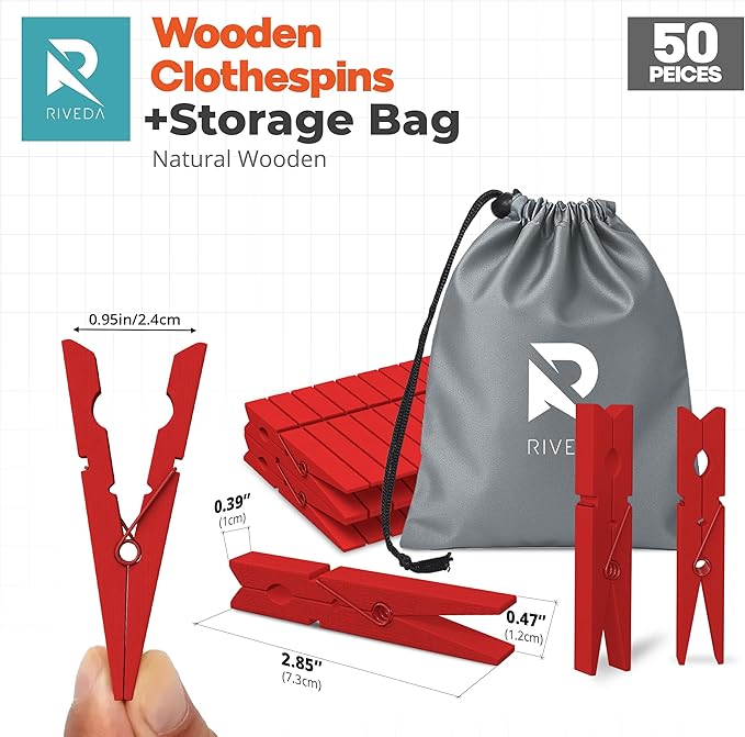 RIVEDA 50pcs Colored Wooden Clothes Pins, Clothespins - Image 2