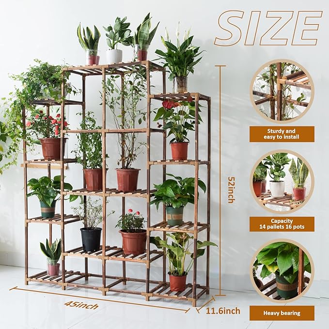 Uneedem Tall Shelf for Multiple Plants Indoor Outdoor 14 Tiers 16 Pot Holder Large Rack Wood Stand Shelves for Room Corner Balcony Garden Patio - Image 3