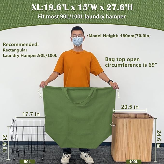 Canvas Laundry Bags with Handles & Rectangular Base, Washable Cotton Drawstring - Image 2