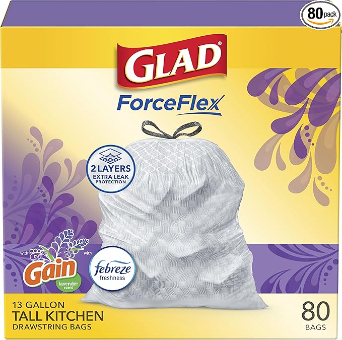 Glad ForceFlex Tall Kitchen Drawstring Trash Bags, 13 Gal, Gain Lavender by GladTrashFoodStorage