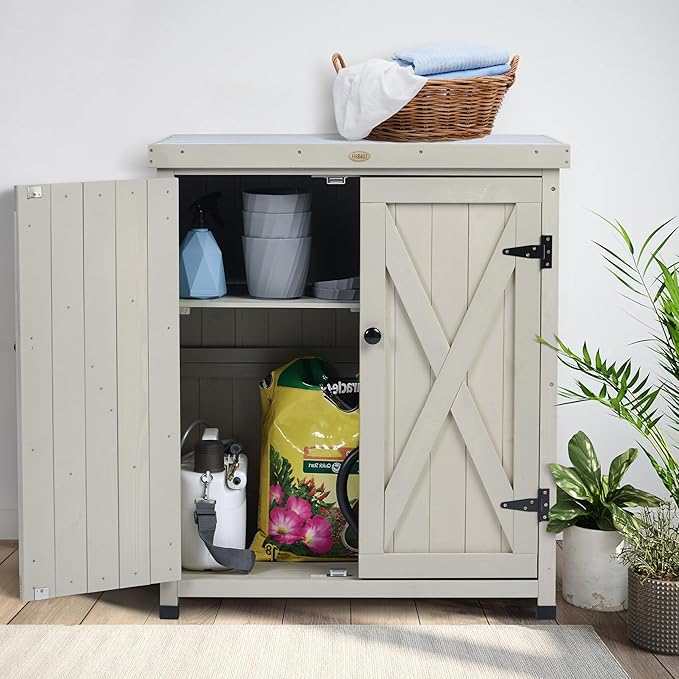 HABAU Outdoor Storage Cabinets Weatherproof for Patio, Garden Work Bench with Shelves & Metal Tabletop, Wooden Potting Table Workstation - Image 6