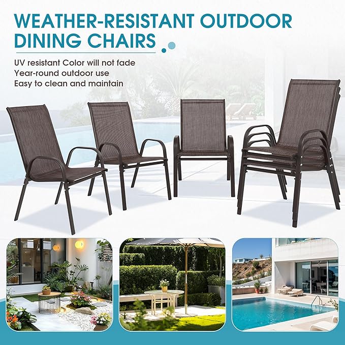 Outdoor Stackable Chairs Set of 6, Stacking Patio Chairs with Textilene Fabric, Outside Furniture for Garden Backyard Balconie Poolside Deck, Brown - Image 6