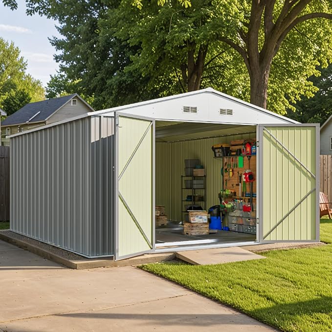 Patiowell 10 x 12 FT Metal Storage Shed for Outdoor with Floor Frame, Steel Yard Shed with Design of Lockable Doors, Utility and Tool Storage for Garden, Backyard, Patio, Outside use, Grey by Patiowell