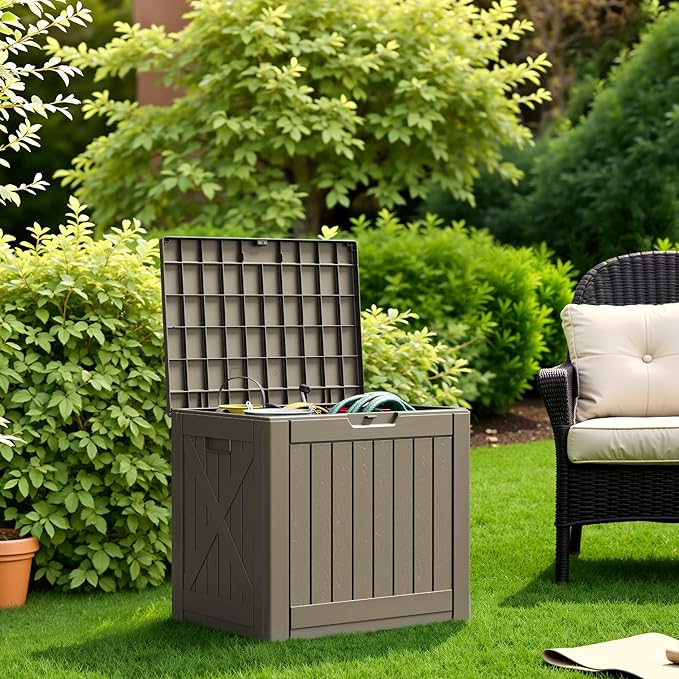 Flamaker Resin Deck Box 40 Gallon Waterproof Outdoor Indoor Storage Box Imitation Wood Resin for Patio Furniture Garden Tools and Pool (Brown) - Image 3