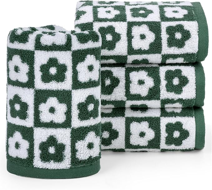 Jacquotha Cotton Hand Towels Green Checkered Floral by Jacquotha