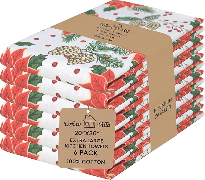 Urban Villa Christmas Kitchen Towels Pine Cone Print Multi Color, 100% Cotton by CottonTrends