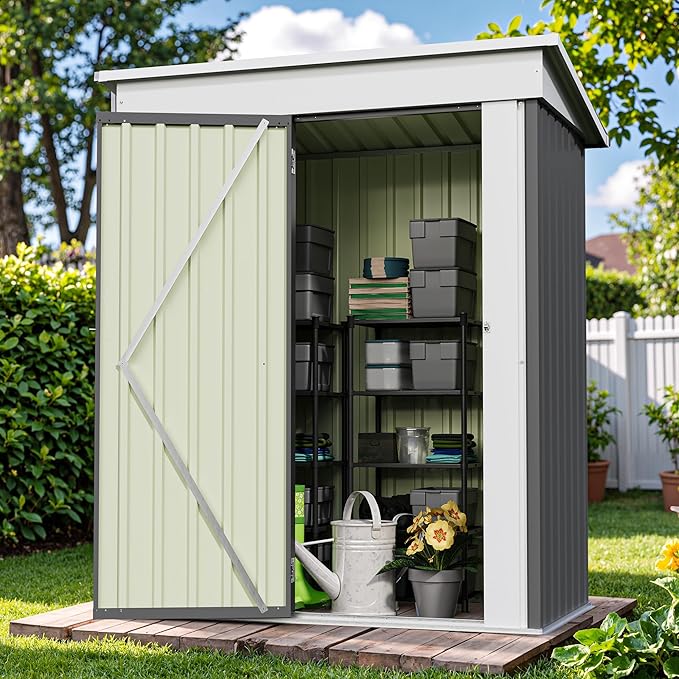 Patiowell 5x3 FT Outdoor Storage Shed, Garden Tool Shed with Sloping Roof and Lockable Door, Metal Shed for Backyard Garden Patio Lawn, Gray - Image 7
