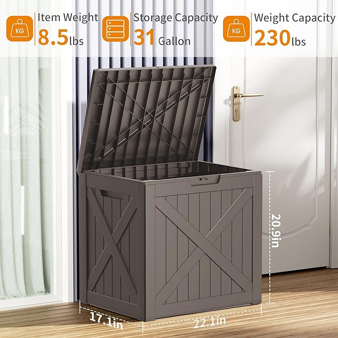 31 Gallon Outdoor Storage Box, Large Resin Deck Box for Patio Cushions, Garden Tools, Pool Accessories, Waterproof and Lockable Design, Storage Bench for Backyard & Deck(Gray) - Image 2