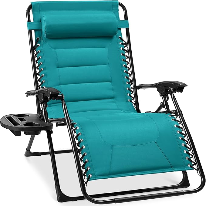 Best Choice Products Oversized Padded Zero Gravity Chair, Folding Outdoor Patio Recliner, XL Anti Gravity Lounger for Backyard w/Headrest, Cup Holder, Side Tray, Polyester Mesh - Peacock Blue by BestChoiceProducts