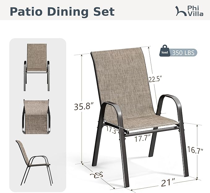 PHI VILLA Patio Chairs Set of 2, Outdoor Stackable Dining Chairs with E-Coating Metal Frame and Upgraded Textilene Fabric, All Weather Deck Chair 350 LBS Capacity for Porch Poolside Garden - Image 9