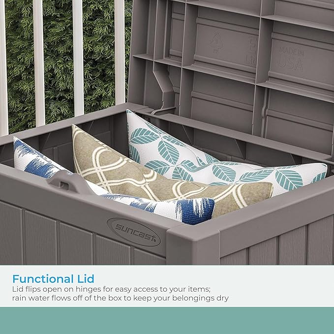 Suncast 22-Gallon Small Deck Box - Lightweight Resin Indoor/Outdoor Storage Container and Seat for Patio Cushions and Gardening Tools - Store Items on Patio, Garage, Yard - Stone Gray, Made in the USA - Image 6