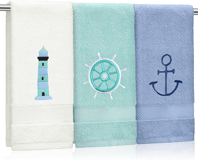 3 Pack Nautical Hand Towels for Bathroom 100% Cotton Embroidered Beach Bathroom by Hahafelt