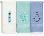 3 Pack Nautical Hand Towels for Bathroom 100% Cotton Embroidered Beach Bathroom by Hahafelt