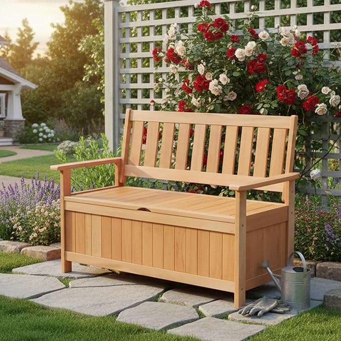 Tangkula 48 Inch Outdoor Wood Storage Bench Deck Box, Wooden Storage Loveseat with 34.2 Gal Inner Space, Entryway Bench Deck Box with Slatted Backrest, Storage Seat for Garden, Lawn, Balcony & Porch - Image 2